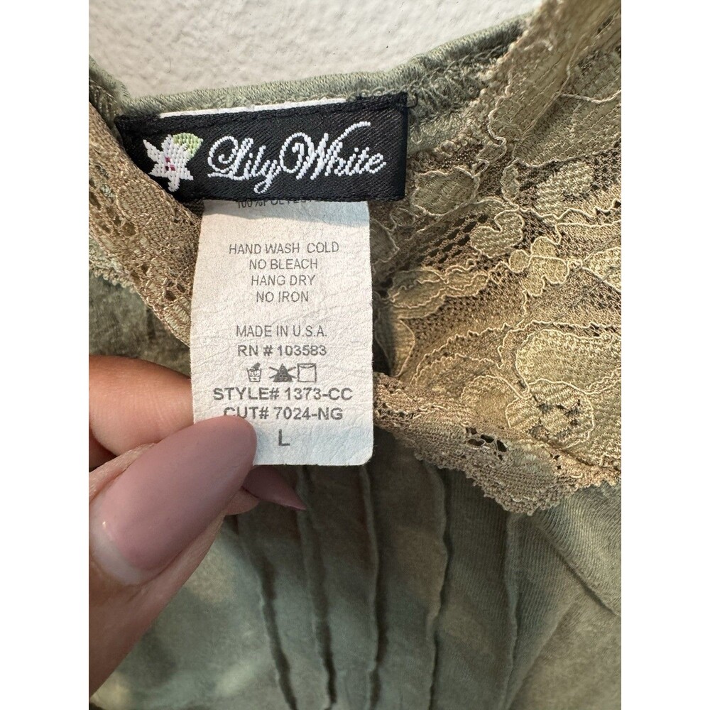 Y2K Babydoll Olive Crinkle Camisole Lace Trim Boho Grunge Adjustable Straps L - Picture 5 of 7